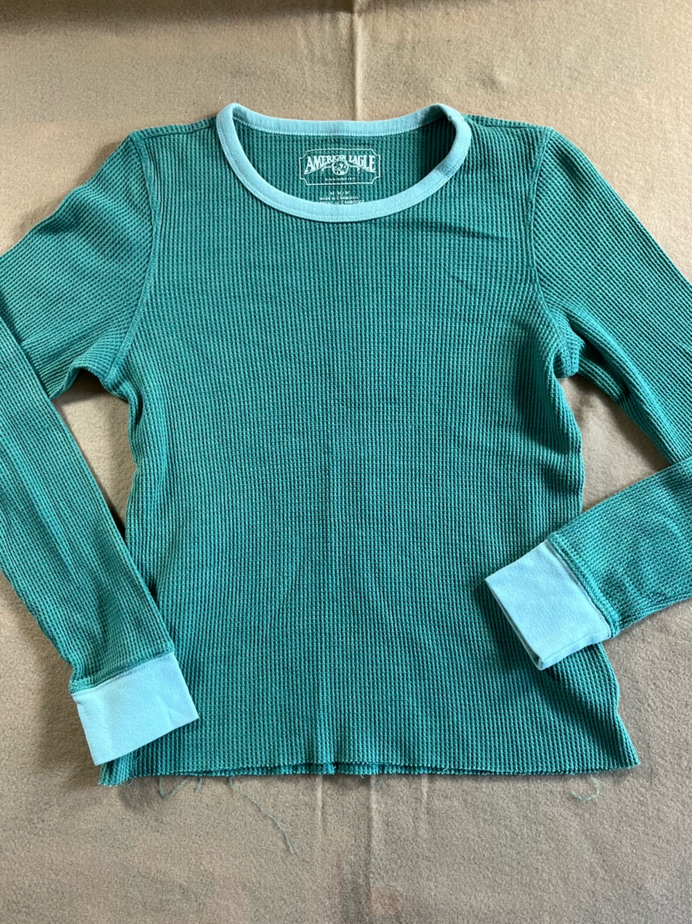 American Eagle Women’s Thermal Waffle Knit Top Green Long Sleeve Size M